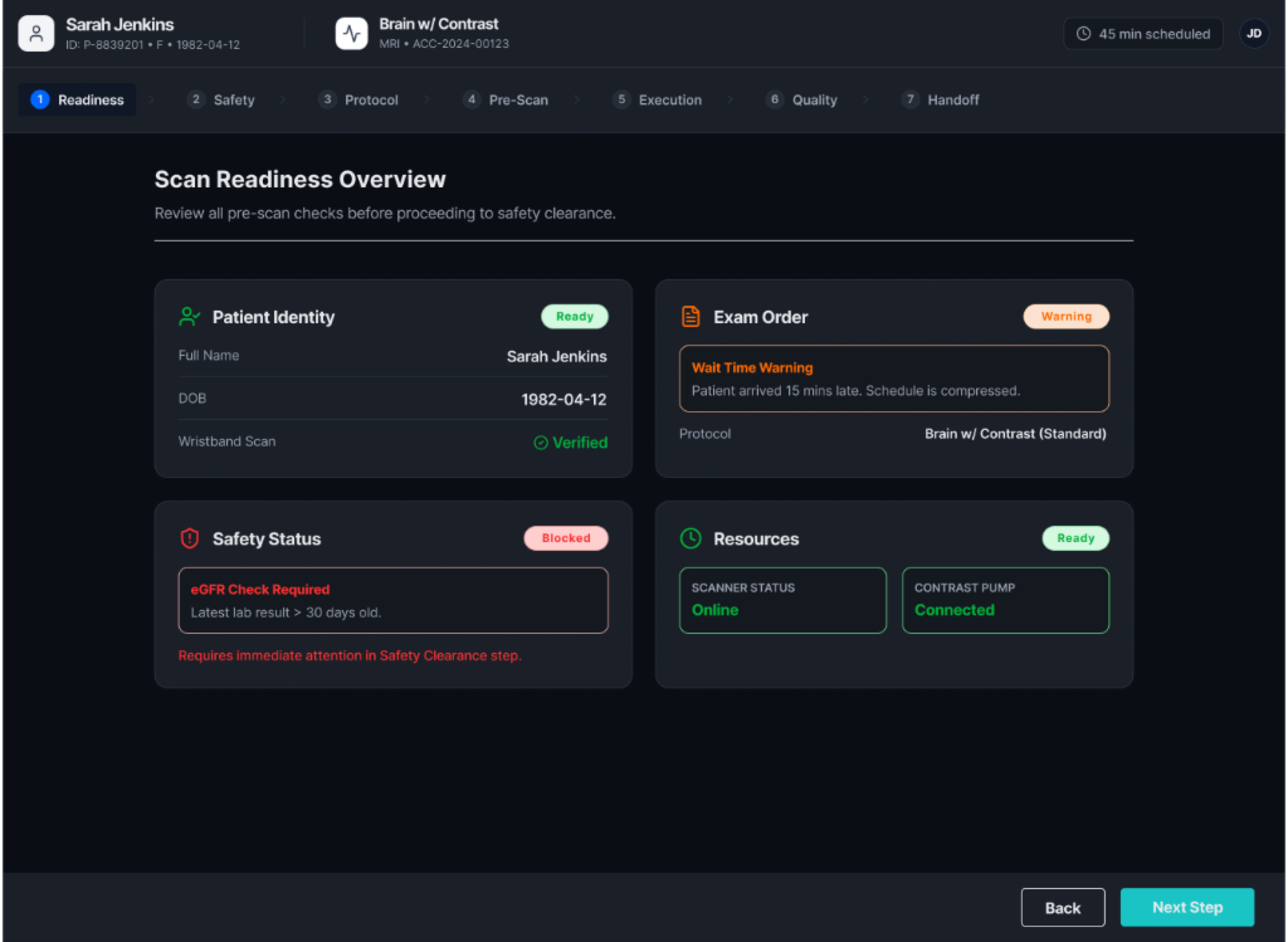 01 — Patient Readiness & Pre-Scan Setup Interface