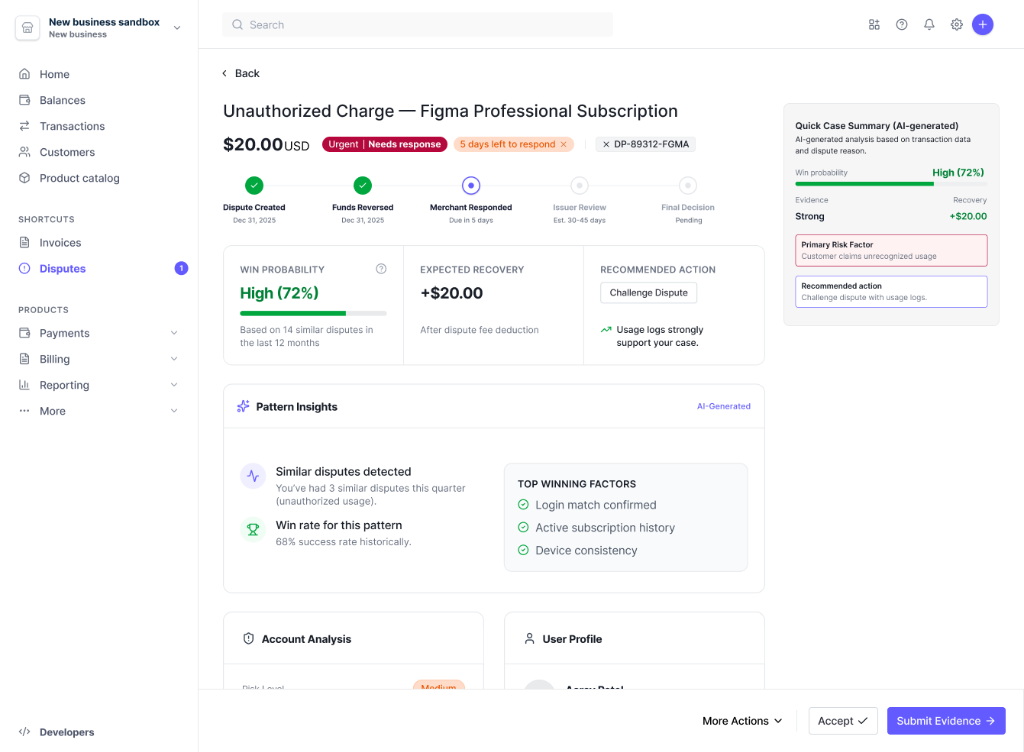 Dispute Details with Win Probability
